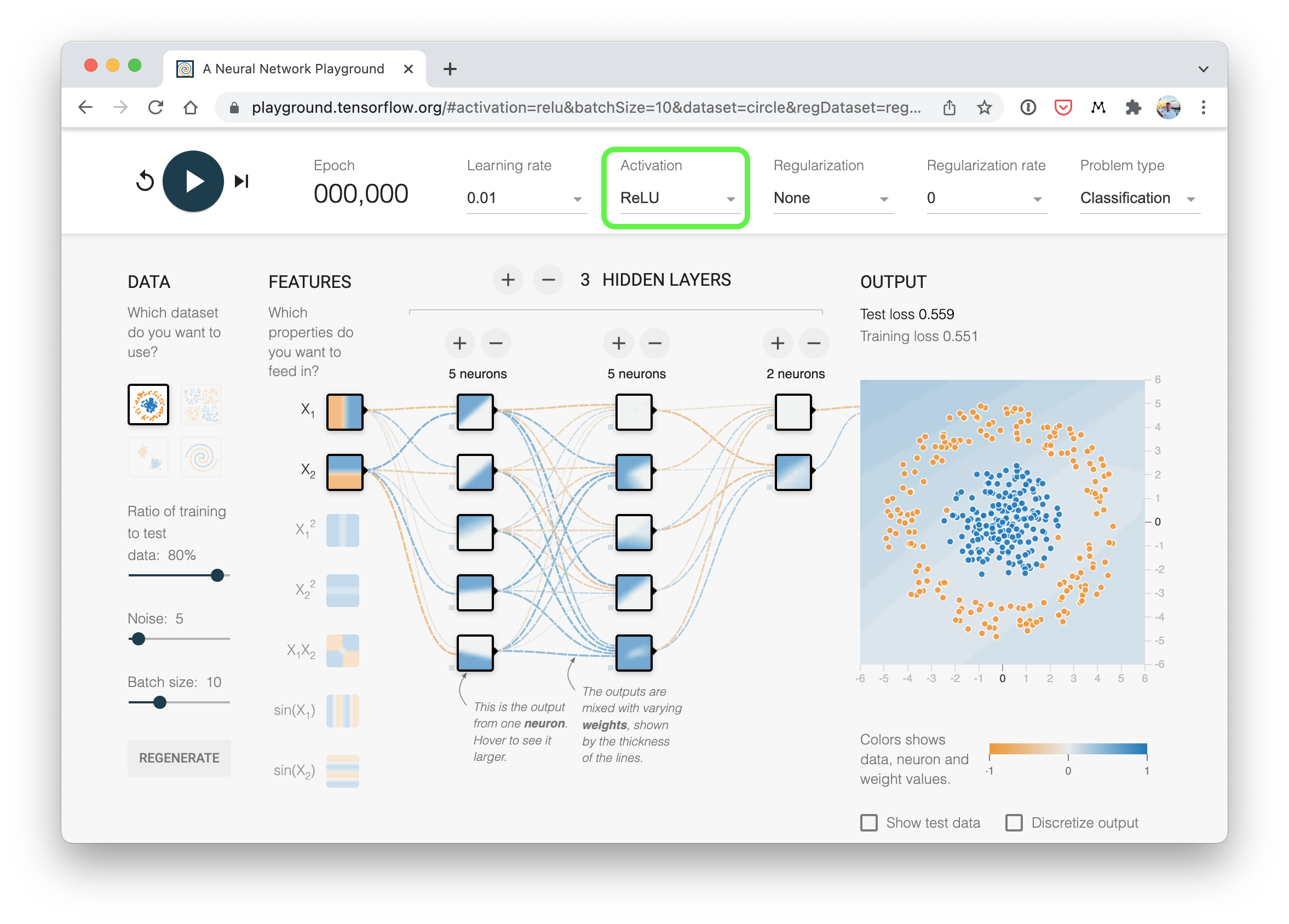 a classification neural network on TensorFlow playground with ReLU activation